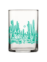 Saguaros Rocks Glass with teal desert cactus landscape around the glass