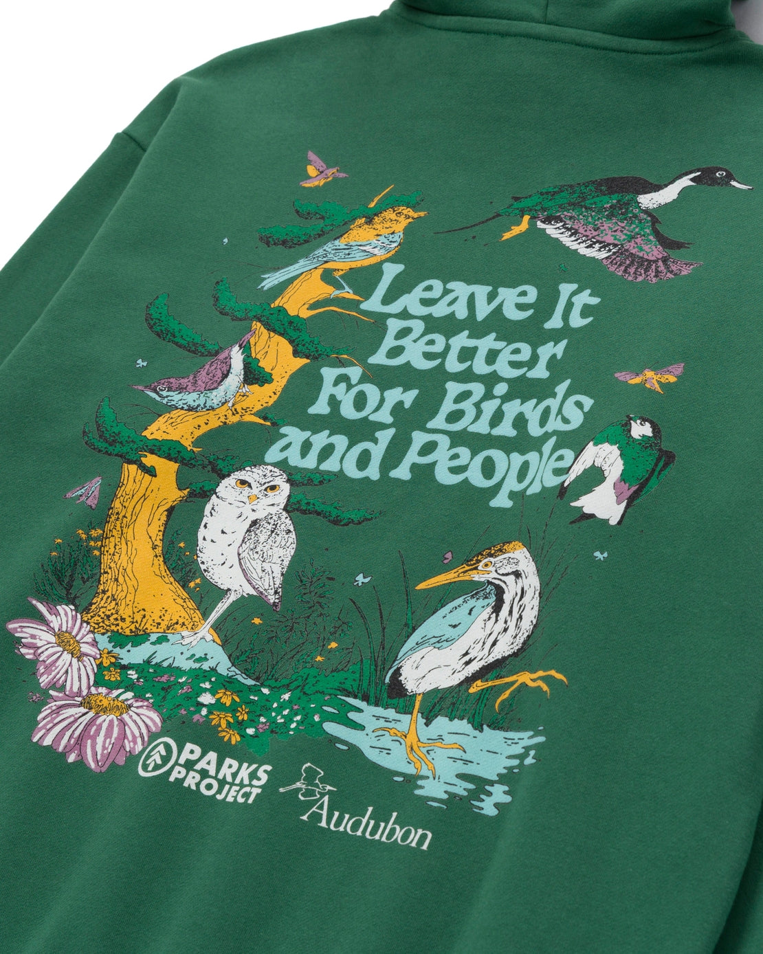 Green Parks Project x Audubon hoodie with colorful bird illustration and Leave It Better For Birds and People.
