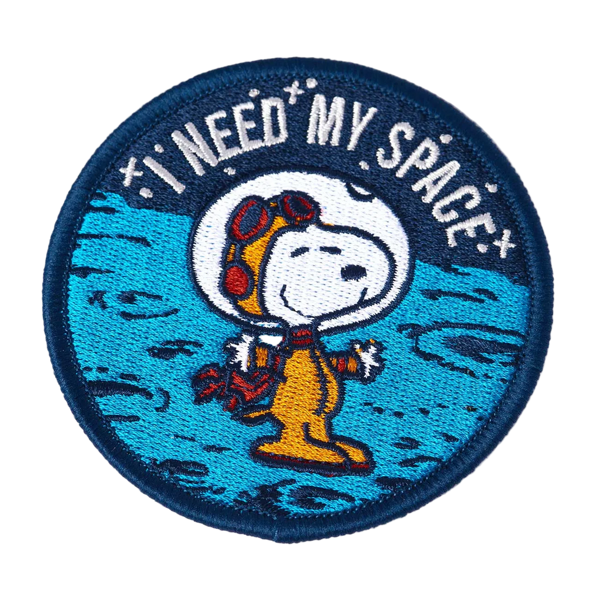 Round embroidered patch of Snoopy in a spacesuit with I NEED MY SPACE text around the edge.