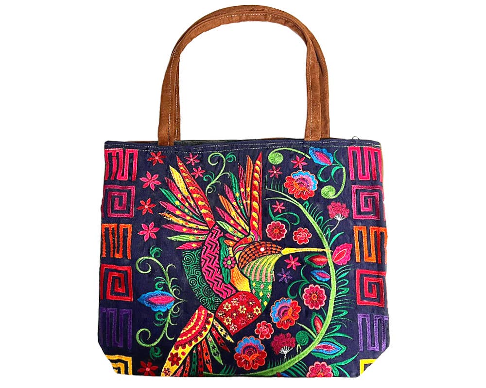 Embroidered Floral Hummingbird 2 Large Suede Purse Tote Bag
