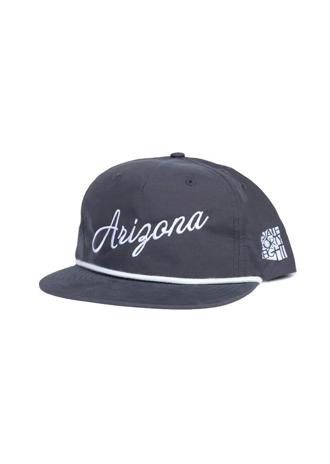Gray Arizona Script Snapback cap on white background showing front script and curved brim