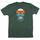 Heather forest green tee with a colorful skull graphic on the chest