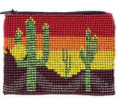 Beaded Desert Cactus Sunset Seed Bead Coin Purse Pouch
