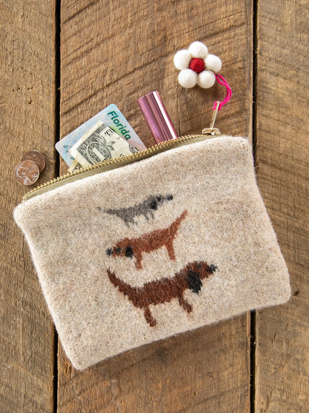 Intarsia Sweater Knit Pouch - Tan Dogs