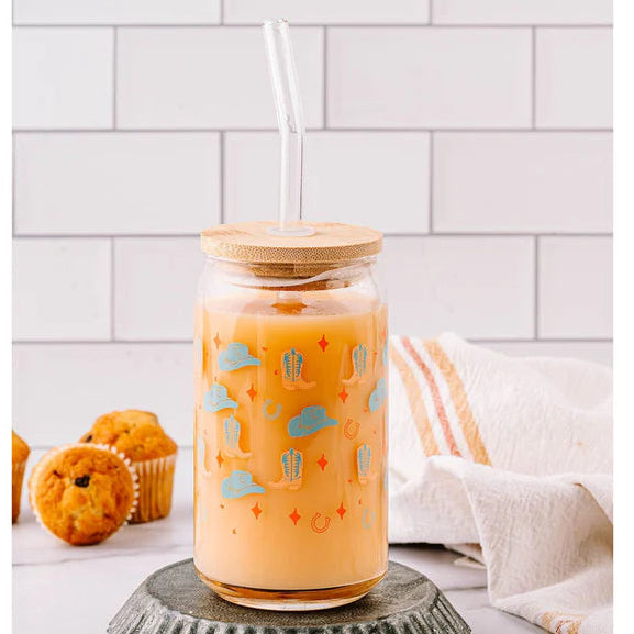 Western Glass Can w/ Straw & Lid