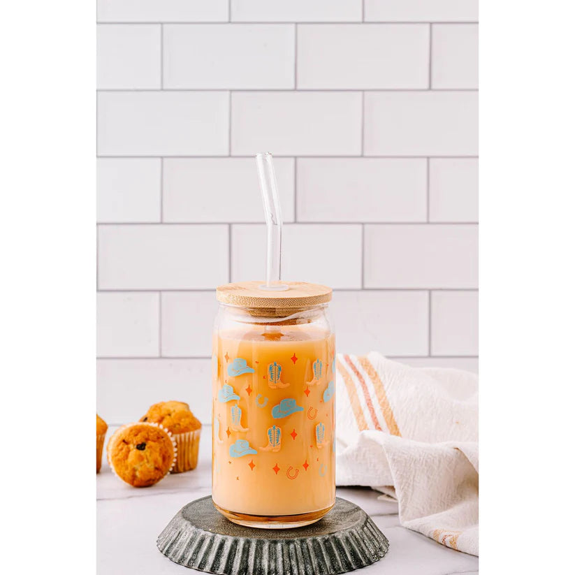 Western Glass Can w/ Straw & Lid