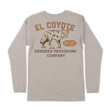 Back view of beige El Coyote long sleeve T shirt with a large coyote graphic and arched El Coyote text