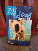 Cover of Best Hikes with Dogs Arizona featuring a close up spotted dog on a blue background