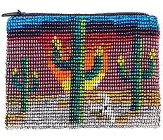 Beaded Desert Cactus Sunset Seed Bead Coin Purse Pouch