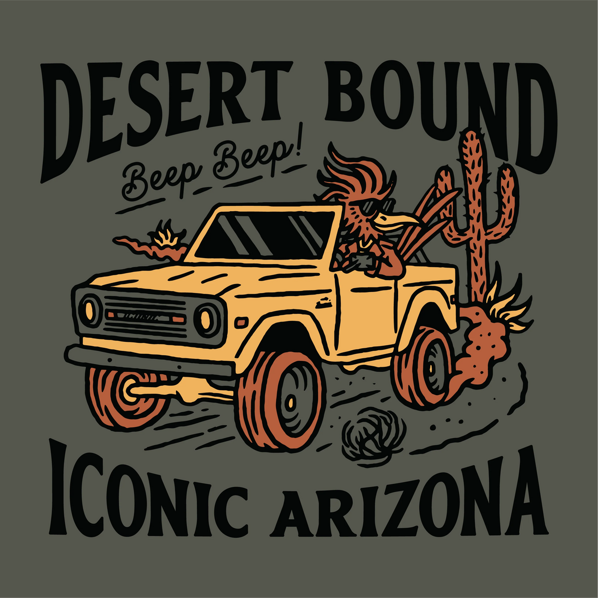 Desert Bound Crop Tee graphic with bold lettering and a desert scene including a yellow jeep and cacti