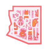 Desert Divas sticker shaped like a state outline with a pink grid and cute animal illustrations