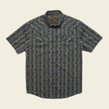 Hibiscus Ribbon Snap Shirt in dark gray with beige floral vertical stripes laid flat.