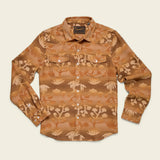 Close-up of Sheridan Flannel in Maguey Mirage with orange tropical print and buttoned front.