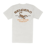 Front view of light tee with small orange left chest SENDER0 Provisions Company logo and scorpion graphic.