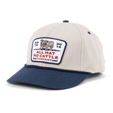 All Hat No Cattle Flat Brim Hat with beige crown navy brim and embroidered patch logo.