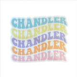 Chandler name sticker in pastel rainbow colors with a wavy edge