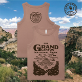 Tan Grand Canyon rib tank top with bold front graphic and circular back logo against a canyon landscape.