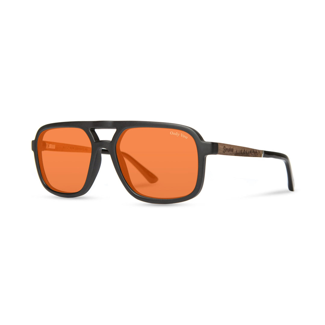 CAMP Glacier sunglasses Smokey Bear Edition with black frame orange lenses and wood grain temples