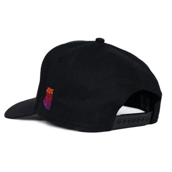 Black snapback hat with a small multicolor logo on the side and an adjustable snap closure.