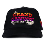 Black snapback hat with bright multicolor Grand Canyon embroidery on the front.