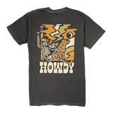 Back view of a dark gray Howdy Skeleton Cowboy tee with a retro desert scene and HOWDY text