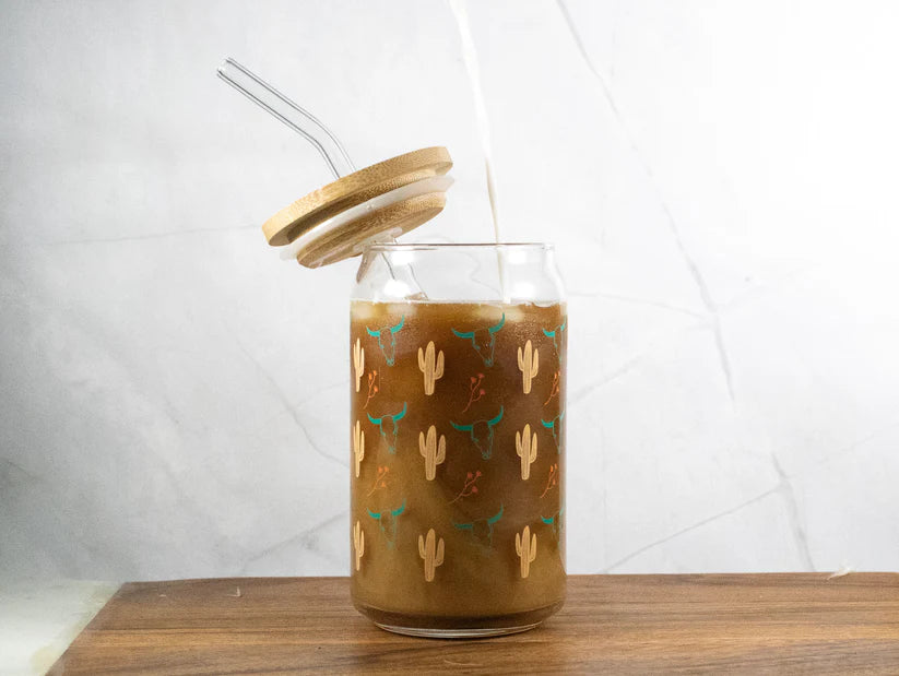 Southwest Vibes Glass Can w/ Straw & Lid