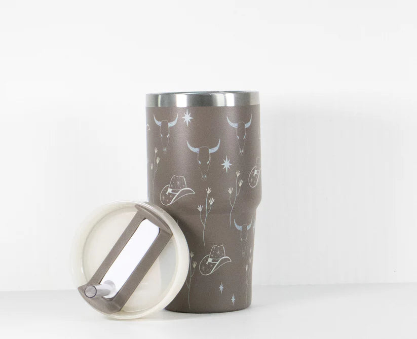 Brown Western Print Mini Tumbler with lid removed and lid beside on a white background.