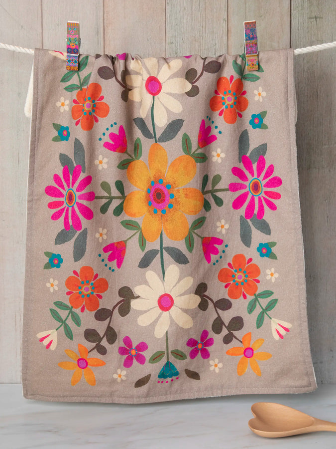 Cotton Dish Towel- Taupe Folk Flower