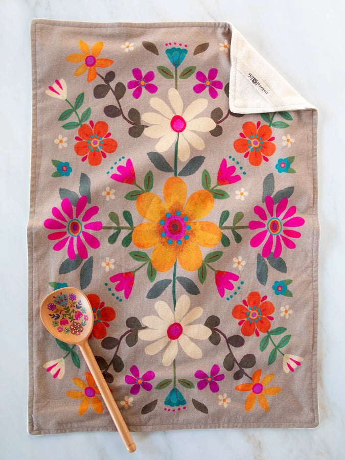 Cotton Dish Towel- Taupe Folk Flower