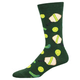 Dark green pickleball socks printed with bright yellow pickleballs and tan paddles