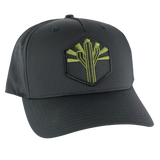 Dark military style trucker hat featuring olive green cactus emblem on a hex patch with sun rays