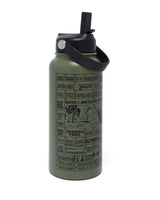 Olive green 32oz insulated water bottle with a black lid and strap, featuring a grid of National Parks names