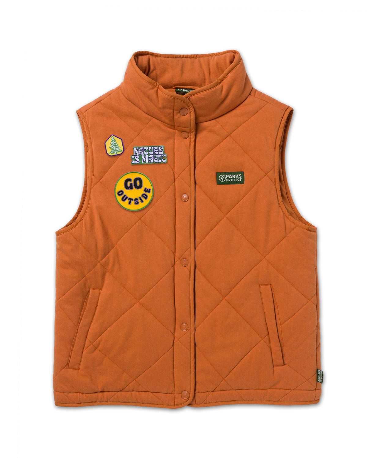 Orange quilted vest with chest patches visible in a close-up
