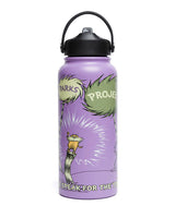 Purple 32oz Lorax x Parks Project insulated water bottle with black lid and carry handle