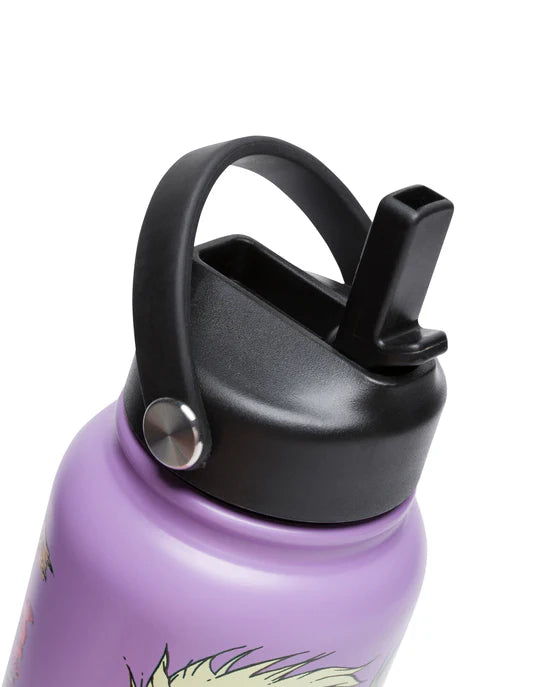 Close-up of a black spill-proof lid and handle on a purple Parks Project water bottle