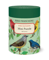 Bird Watching Mini Puzzle tin with green lid and colorful bird illustrations on a mint background
