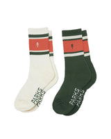 Retro tube socks set of 2 in cream and green with orange stripe and tree logo