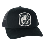Black trucker hat with a white embroidered patch featuring a javelina playing a guitar