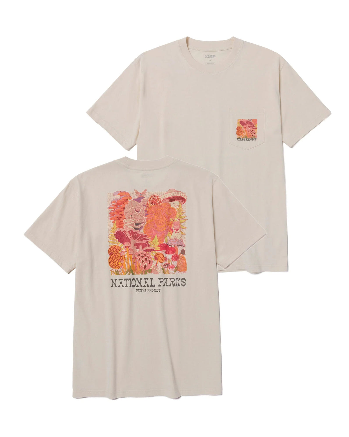 Cream pocket tees layered showing a bold back graphic and a small pocket print with National Parks text
