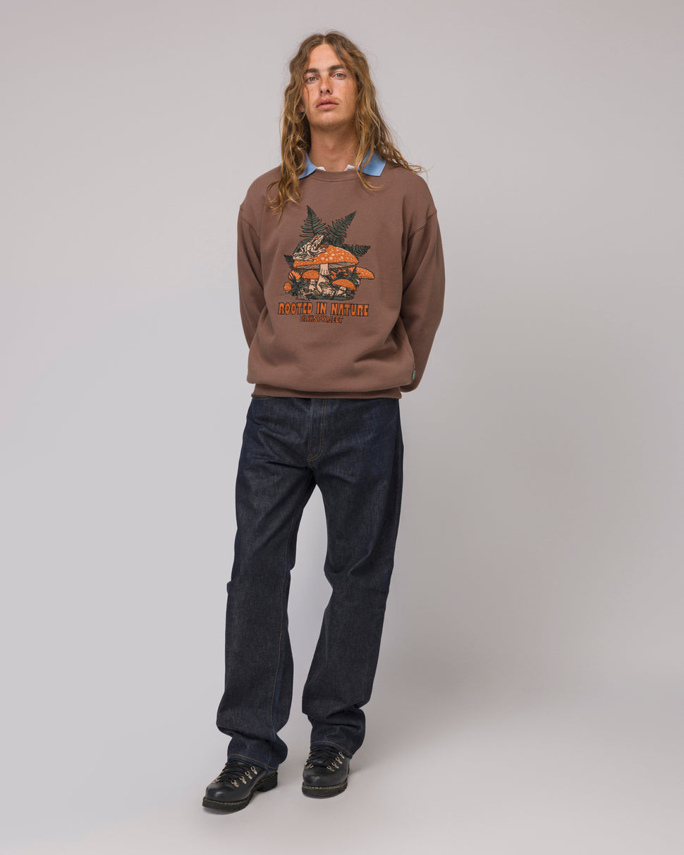 Model wearing brown Parks Project Rooted in Nature Ferns Crewneck over a blue collared shirt and dark jeans.