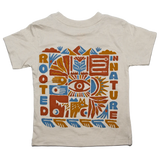 Beige toddler tee with a bold multicolored back print featuring an eye motif and ROOTED IN NATURE text.
