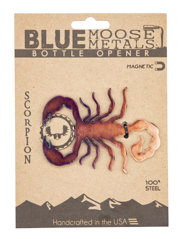 Scorpion shaped magnetic bottle opener on brown cardboard packaging