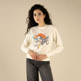 Cosmic Cowgirl Drop Shoulder Sweatshirt worn by a model with dark hair against a beige studio backdrop.