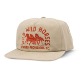 Beige flat brim hat with red embroidery of galloping horses and Wild Horses text