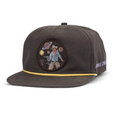 Cosmic Cowboy flat brim hat in brown fabric featuring a space patch.