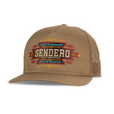 Tan Southwest Trucker Hat with colorful embroidered patch and Sendero branding on the front