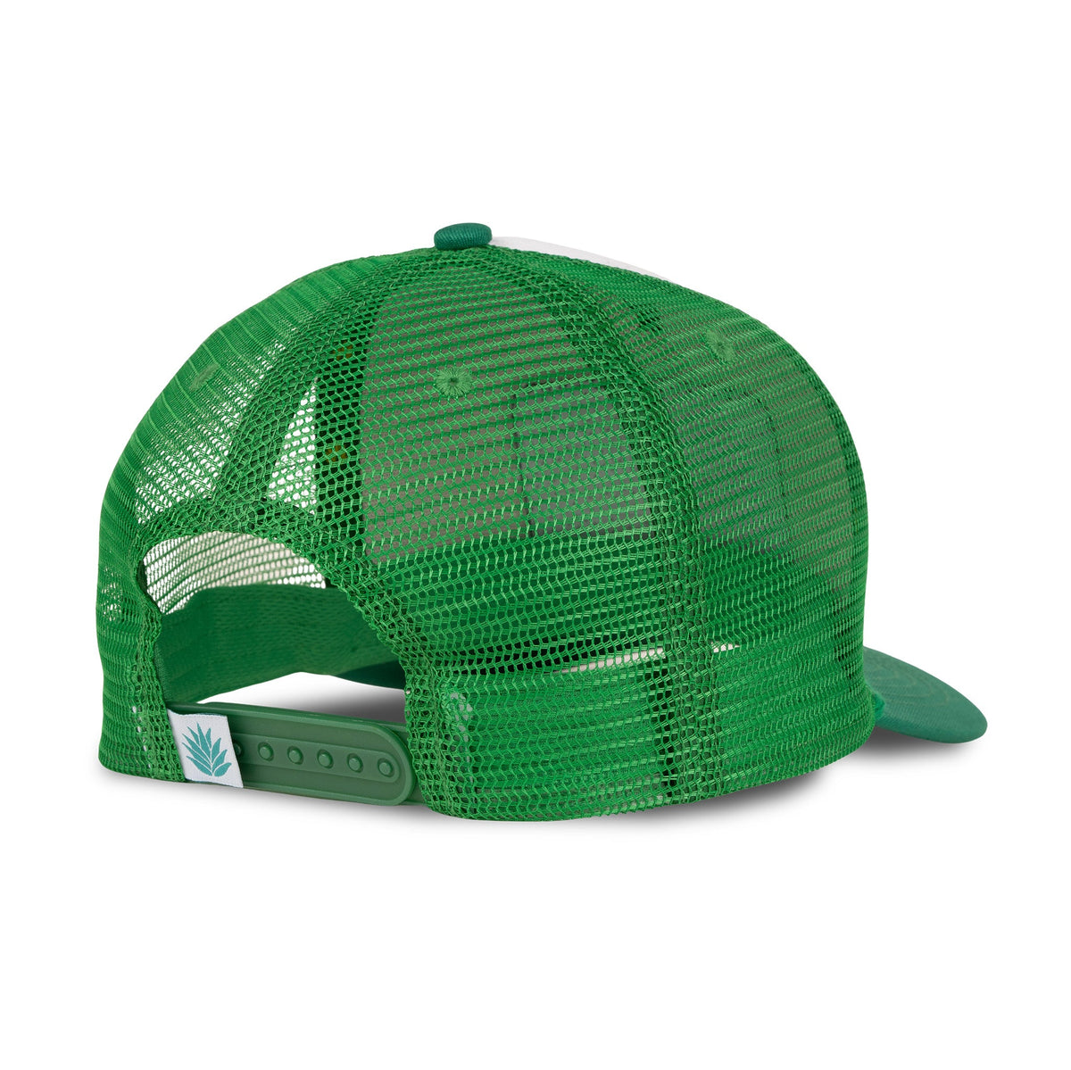 Top view of green mesh trucker hat showing crown with a small green button.