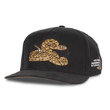 Black cap with a coiled rattlesnake embroidery on the front panel