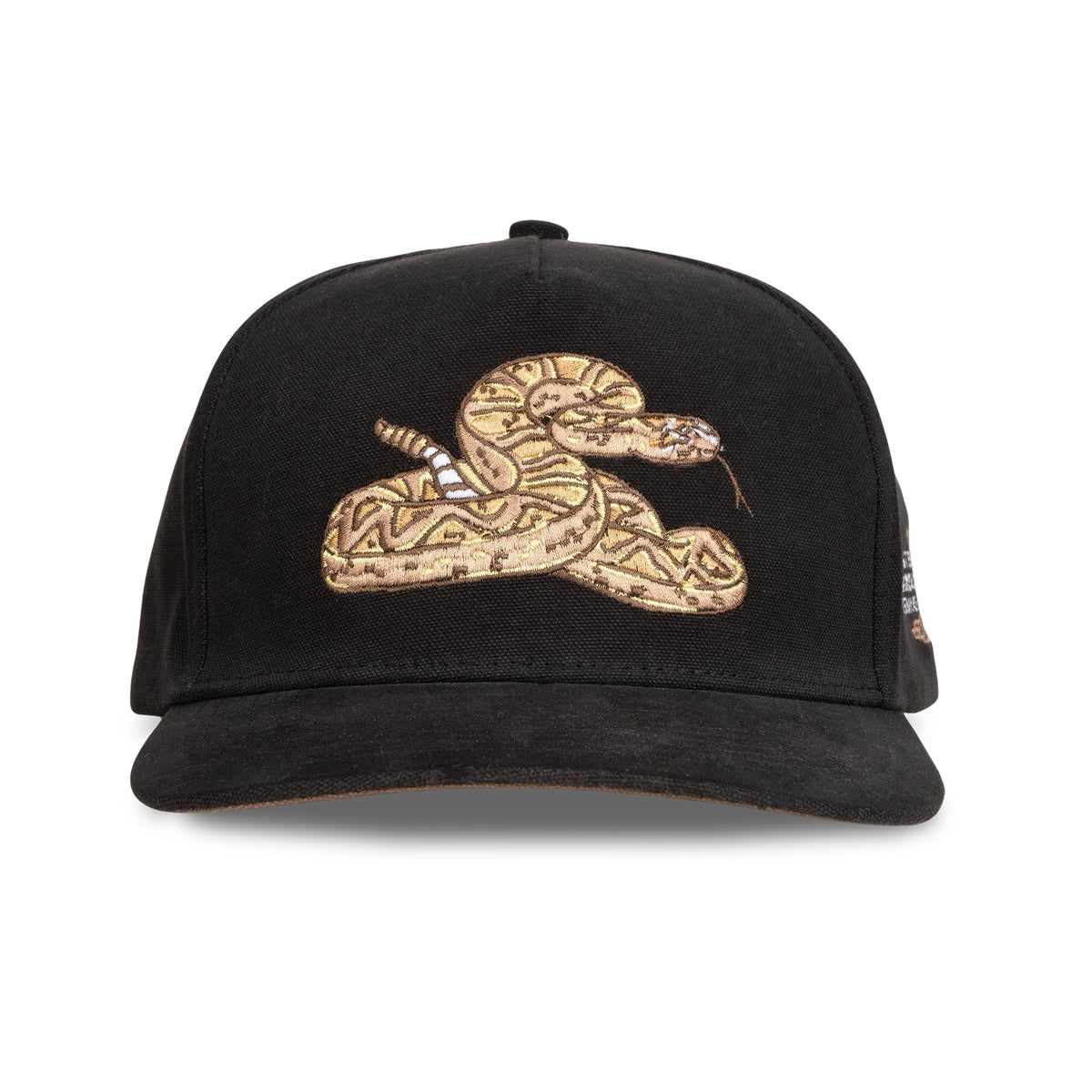Black Sendero Rattlesnake hat with a gold embroidered rattlesnake patch on the front.
