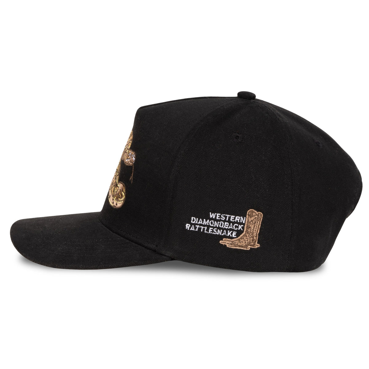 Close up of the black Sendero Rattlesnake hat crown showing the top button and embroidered side design